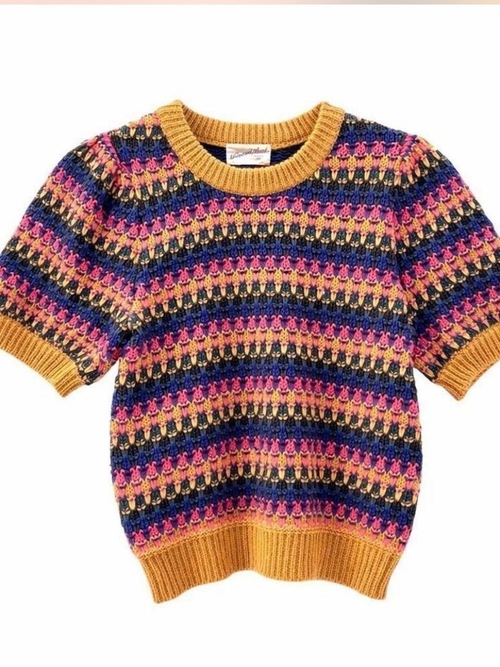 Multicolor Short-Sleeve Knit Sweater with Mustard Trim universal thread xxl